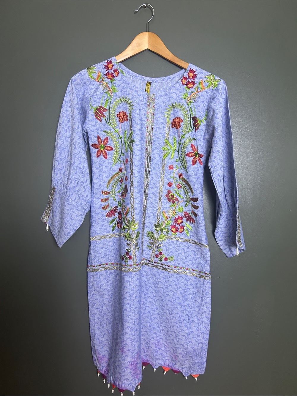 Rang Ja Blue Floral Embroidered Kurta Tunic Pearl Beaded Boho Small